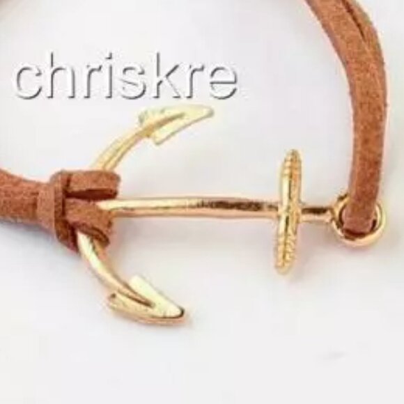 Suede Nautical Anchor Bracelet Island Ship Boat Leather Adjustable Gold Brown - Picture 2 of 3
